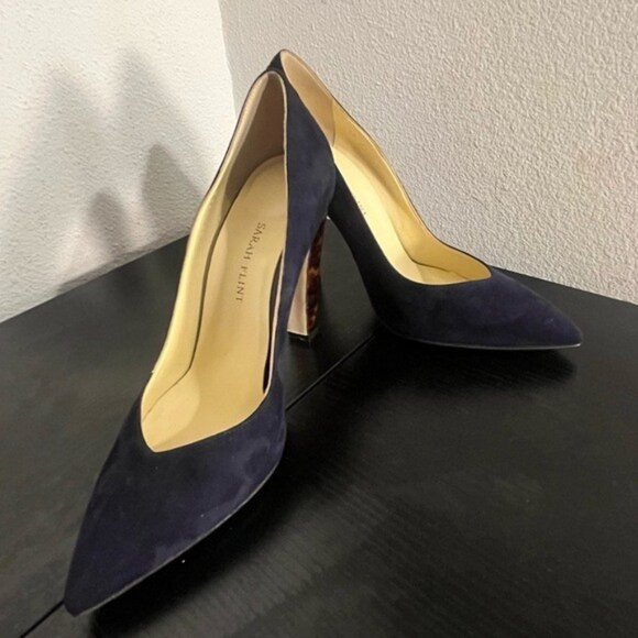Sarah Flint Navy Suede Pumps w/Leopard Heel - Picture 4 of 7